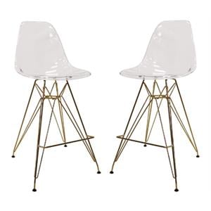 Home Square Plastic Barstool with Chrome Base in Clear and Gold - Set of 2