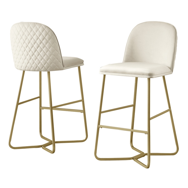 Home Square Quilted Back Velvet Barstool in Cream and Gold - Set of 4