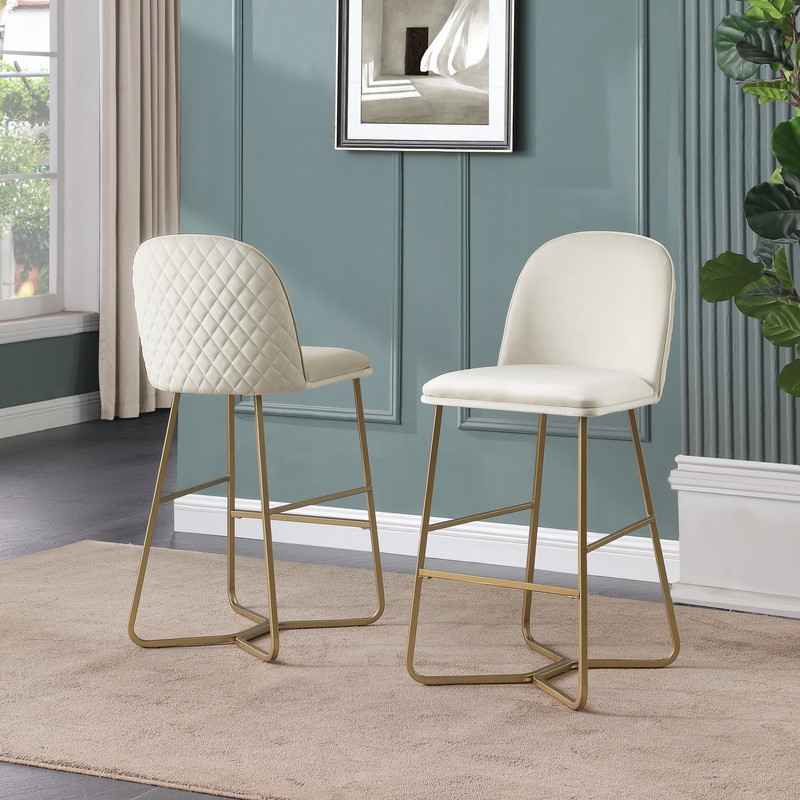 Home Square Quilted Back Velvet Barstool in Cream and Gold - Set of 4