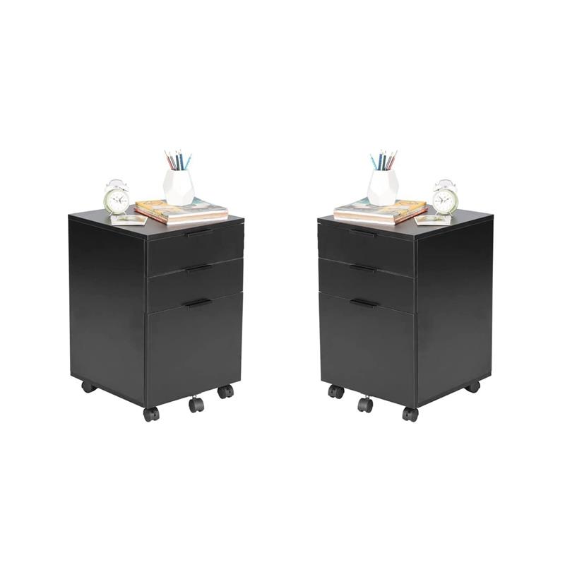 Home Square Set of 2 3-Drawer Black Storage Filing Cabinet with Locking Wheels