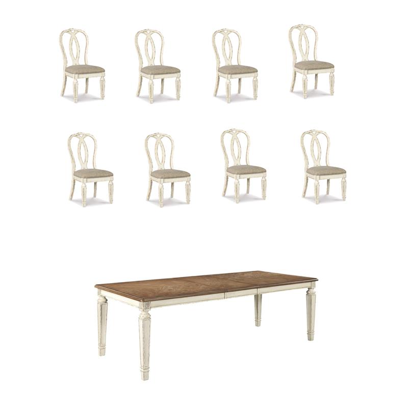 Home Square Set of 9 Extendable Dining Table and Side Chair in Chipped White