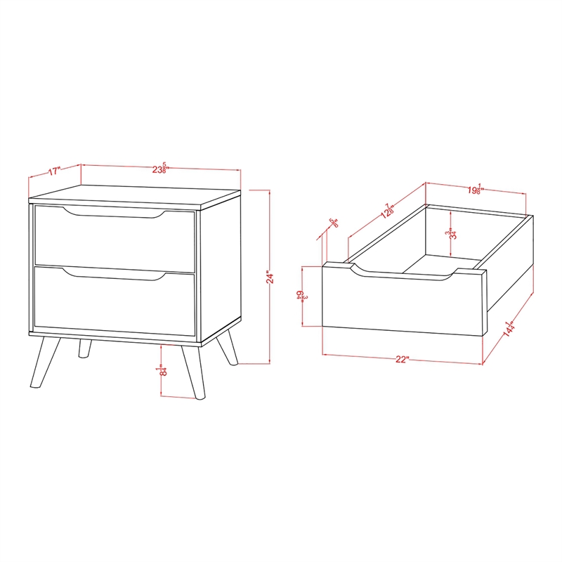 Home Square Set of 2 Mid-Century Wood 2-Drawer Nightstands in Oak