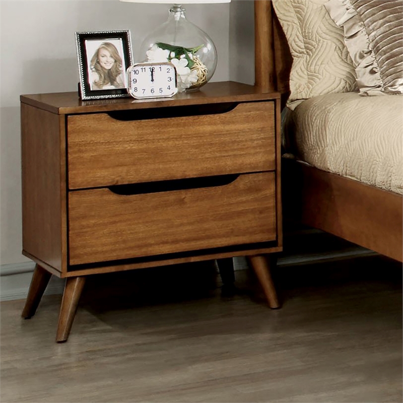 Home Square Set of 2 Mid-Century Wood 2-Drawer Nightstands in Oak