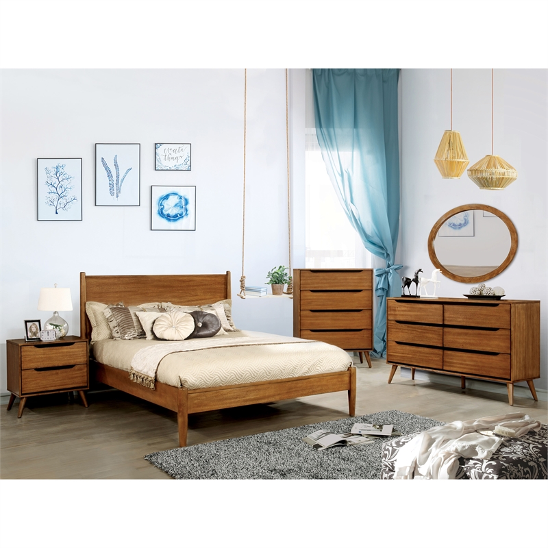 Home Square Set of 3 Wood Full Platform Bed and 2 2-Drawer Nightstands in Oak