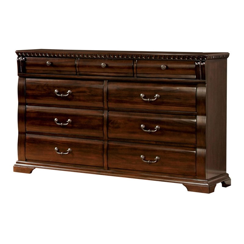Home Square Set of 3 Wood 2 3-Drawer Nightstands and 9-Drawer Dresser in Cherry