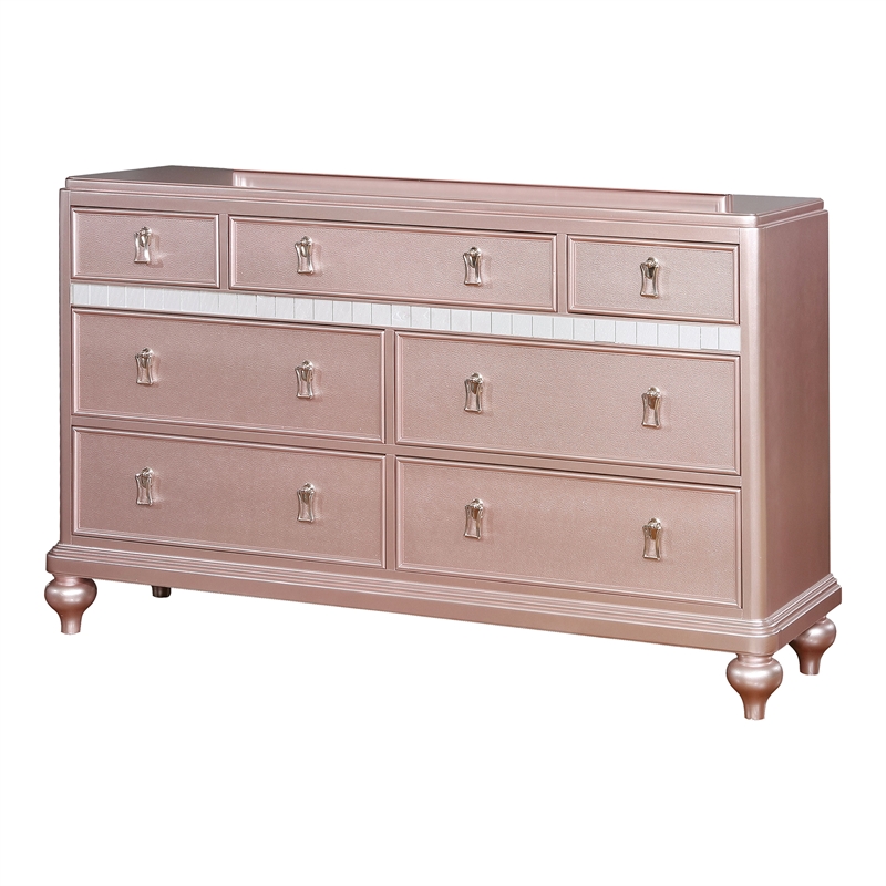 Home Square Set of 4 2 Nightstands, Swivel Chest and Dresser in Rose Gold