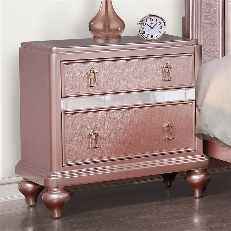 Home Square Set of 4 2 Nightstands, Swivel Chest and Dresser in Rose Gold