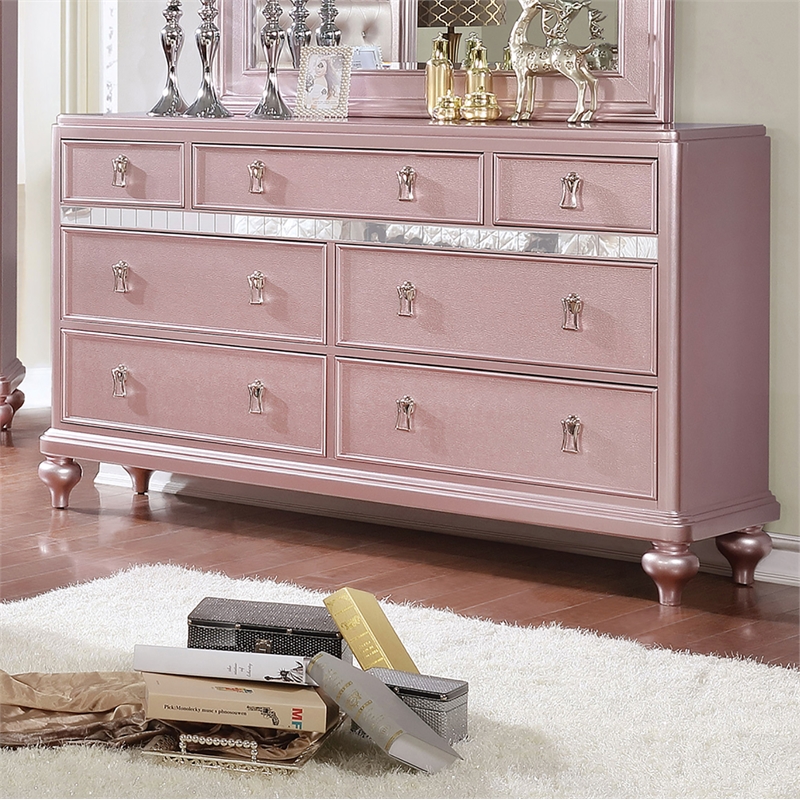 Home Square Set of 4 2 Nightstands, Swivel Chest and Dresser in Rose Gold