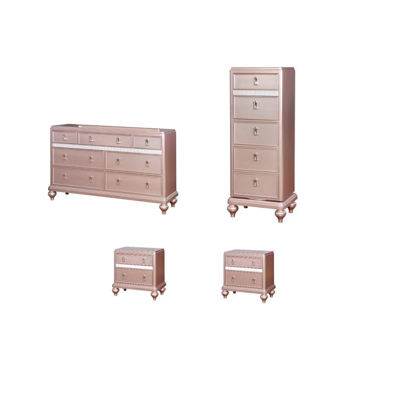 Home Square Set of 4 2 Nightstands, Swivel Chest and Dresser in Rose Gold