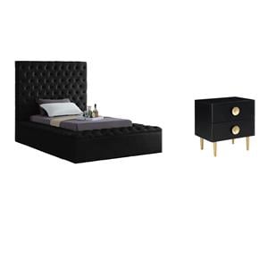 Home Square Set of 2 Tufted Velvet Twin Bed and Nightstand in Black