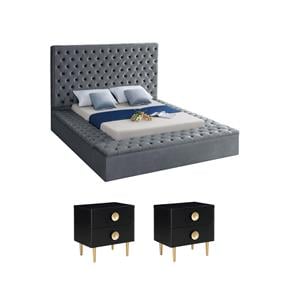 Home Square Set of 3 Tufted Velvet Full Bed in Gray and 2 Nightstands in Black