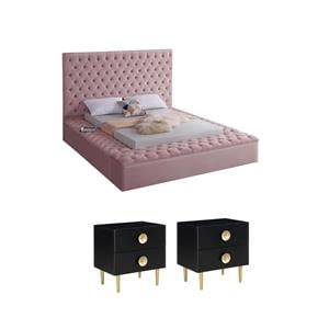 Home Square Set of 3 Tufted Velvet Full Bed in Pink and 2 Nightstands in Black