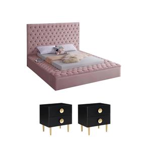 Home Square Set of 3 Tufted Velvet King Bed in Pink and 2 Nightstands in Black
