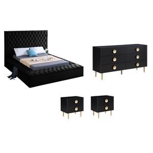 Home Square Set of 4 Tufted Velvet Full Bed & Dresser & 2 Nightstands in Black