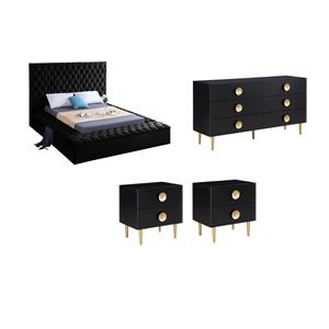 Home Square Set of 4 Tufted Velvet King Bed & Dresser & 2 Nightstands in Black