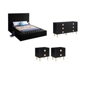 Home Square Set of 4 Tufted Velvet Queen Bed & Dresser & 2 Nightstands in Black