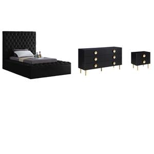Home Square Set of 3 Tufted Velvet Twin Bed & Dresser & Nightstand in Black