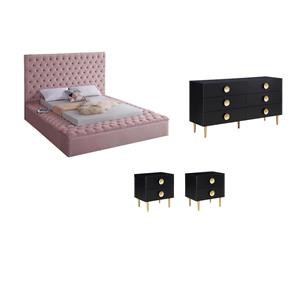 Home Square Set of 4 Velvet Full Bed in Pink & Dresser & 2 Nightstands in Black