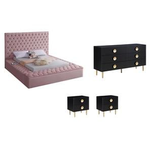 Home Square Set of 4 Velvet King Bed in Pink & Dresser & 2 Nightstands in Black
