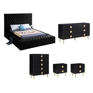 Home Square Set of 5 Velvet King Bed & Dresser & Chest & 2 Nightstands in Black