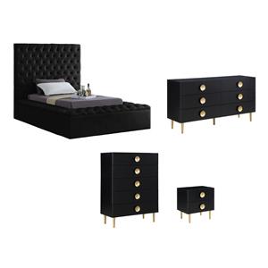 Home Square Set of 4 Velvet Twin Bed & Dresser & Chest & Nightstand in Black