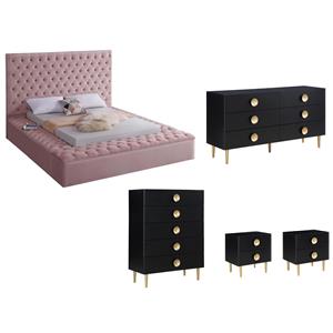 Home Square Set of 5 Full Bed in Pink & Dresser & Chest & 2 Nightstands in Black
