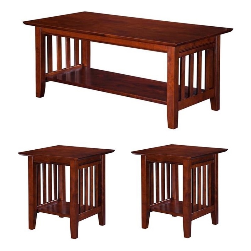 Home Square Set of 3 Wood Transitional Coffee Table & End Table in Walnut