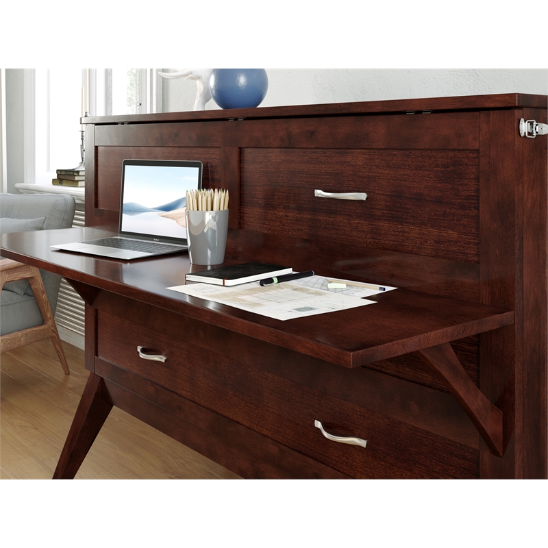 Home Square Set of 2 Walnut Full Size Murphy Bed Desk with Mattress & Side Table