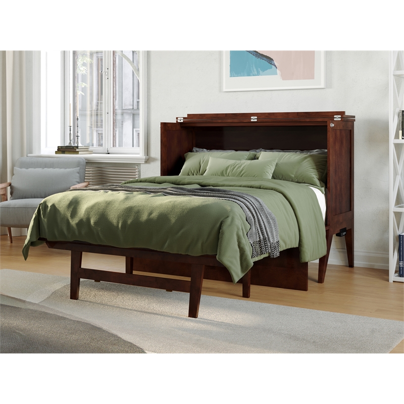 Home Square Set of 2 Walnut Full Size Murphy Bed Desk with Mattress & Side Table