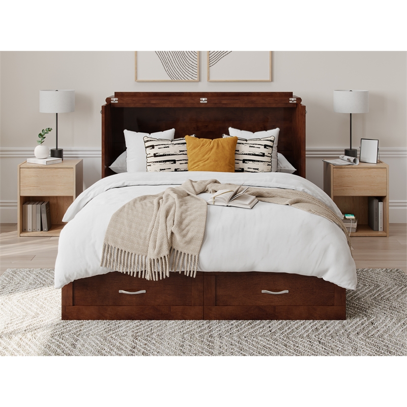 Home Square Set of 2 Murphy Full Bed Chest with Mattress & Side Table in Walnut