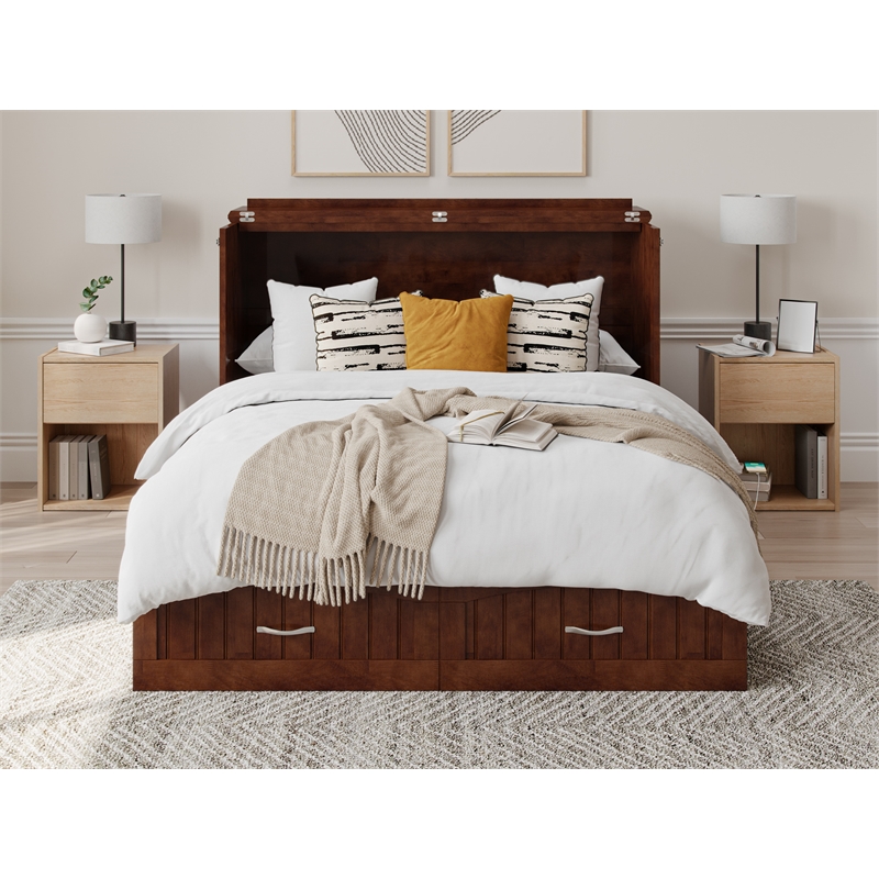 Home Square Set of 2 Murphy Full Bed Chest with Mattress & Side Table in Walnut