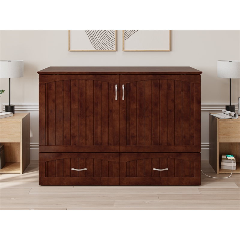 Home Square Set of 2 Murphy Full Bed Chest with Mattress & Side Table in Walnut