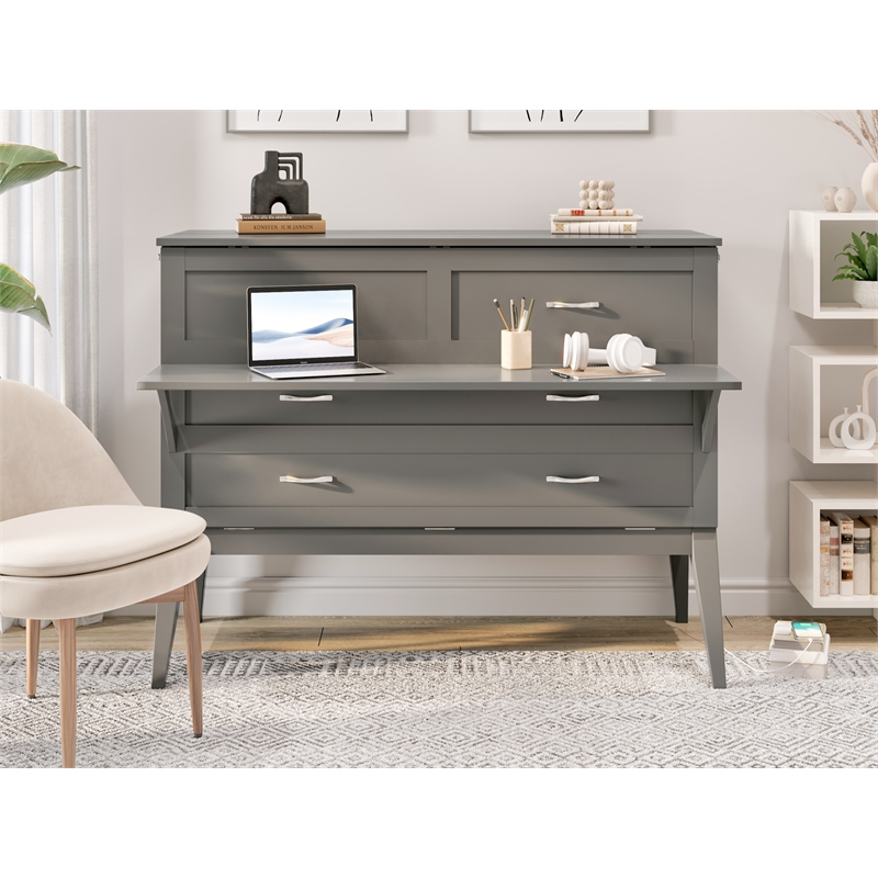 Home Square Set of 2 Gray Full Size Murphy Bed Desk with Mattress & Side Table