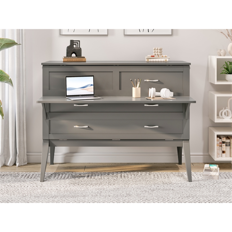 Home Square Set of 2 Gray Full Size Murphy Bed Desk with Mattress & Side Table