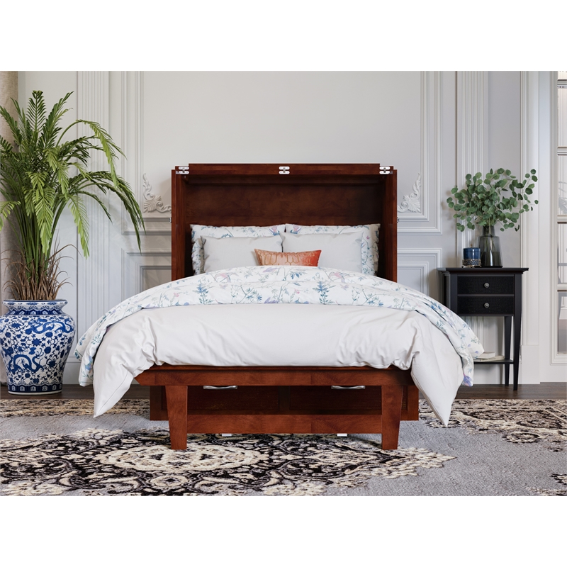 Home Square Set of 2 Twin XL Murphy Bed Chest w/ Mattress & Side Table in Walnut