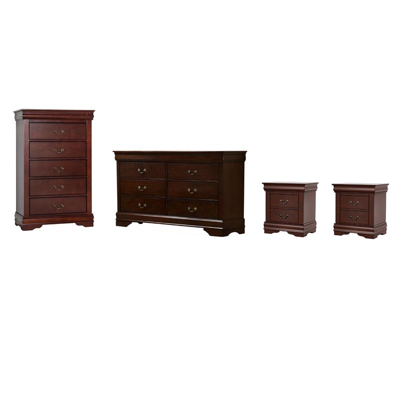 Home Square Set of 4 Chest and Dresser and 2 Nightstands in Cherry