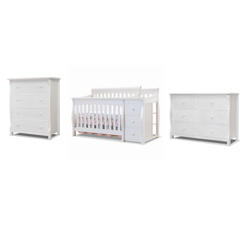 Home Square Set of 3 White Crib and Changer & 4-Drawer Dresser & Double Dresser