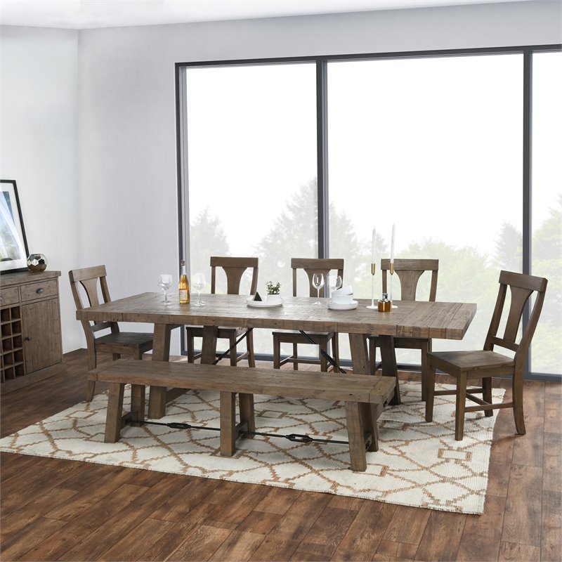Home Square Set of 7 Wood Extension Dining Table and 6 Chairs in Weathered Brown