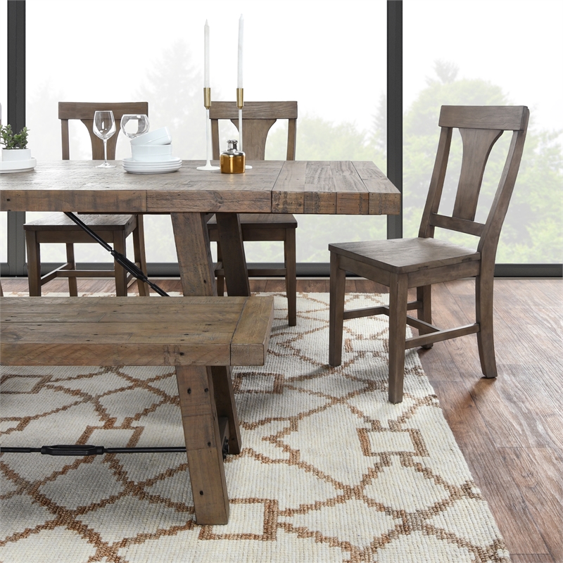 Home Square Set of 7 Wood Extension Dining Table and 6 Chairs in Weathered Brown