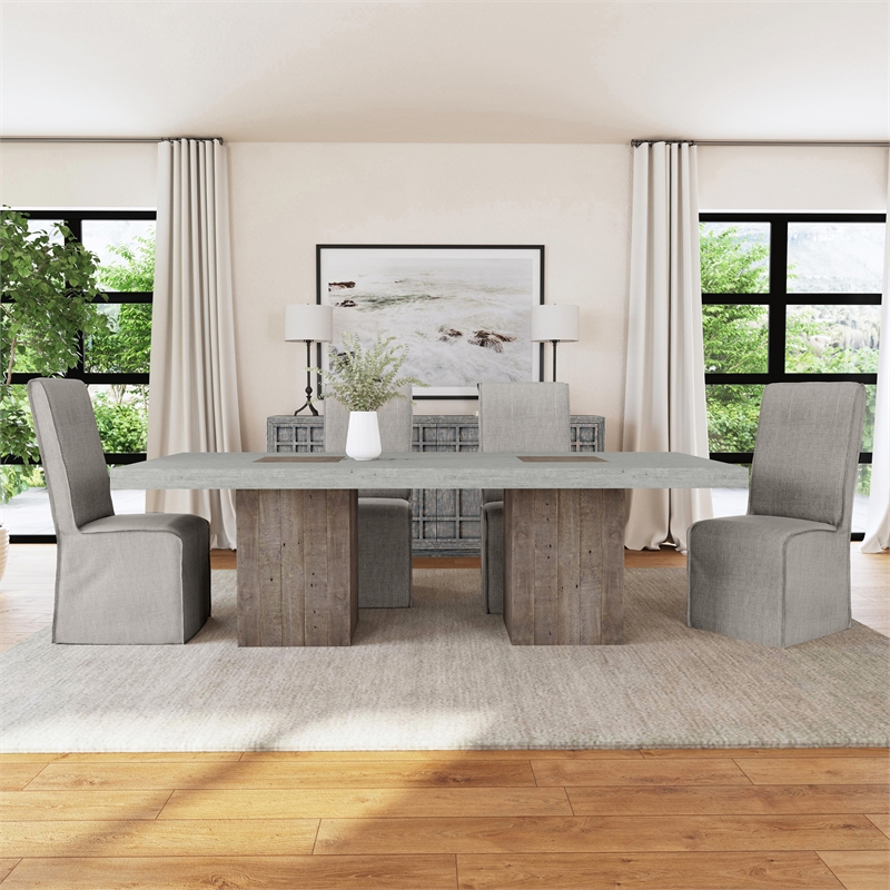 Home Square Set of 5 Wood Dining Table in Ivory and Gray Fabric 4 Dining Chairs