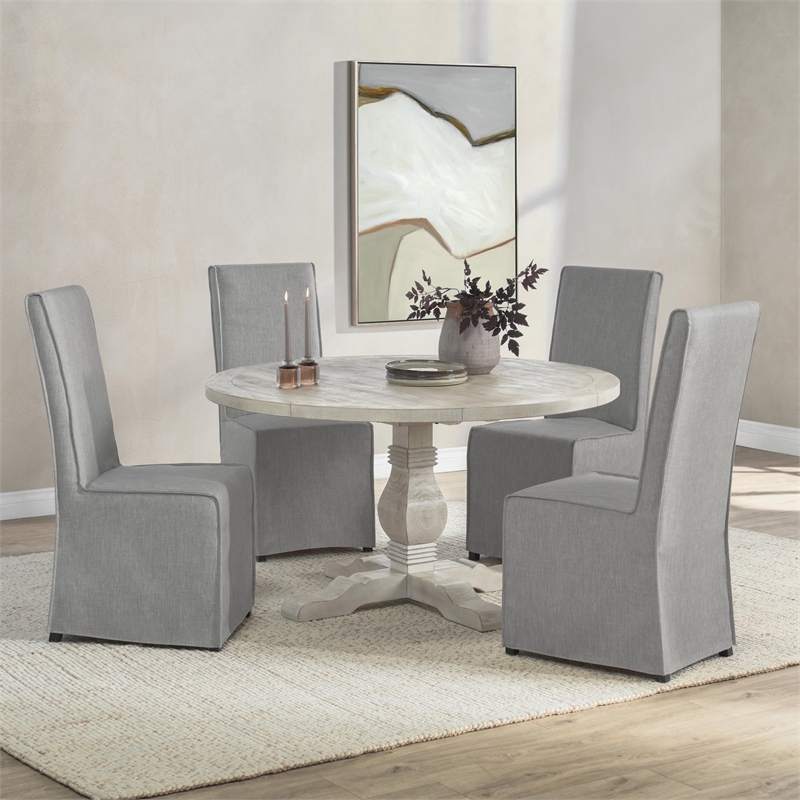 Home Square Set of 5 Wood Dining Table in Ivory and Gray Fabric 4 Dining Chairs