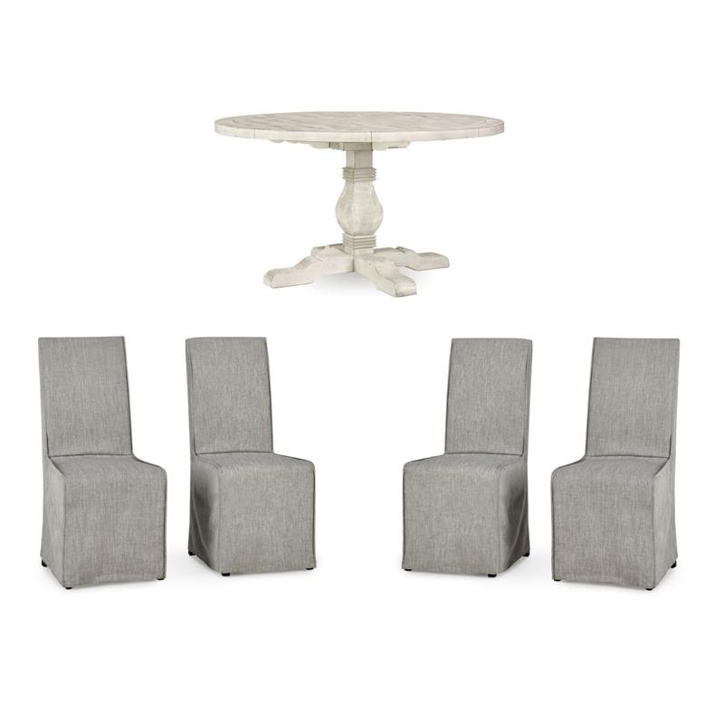 Home Square Set of 5 Wood Dining Table in Ivory and Gray Fabric 4 Dining Chairs