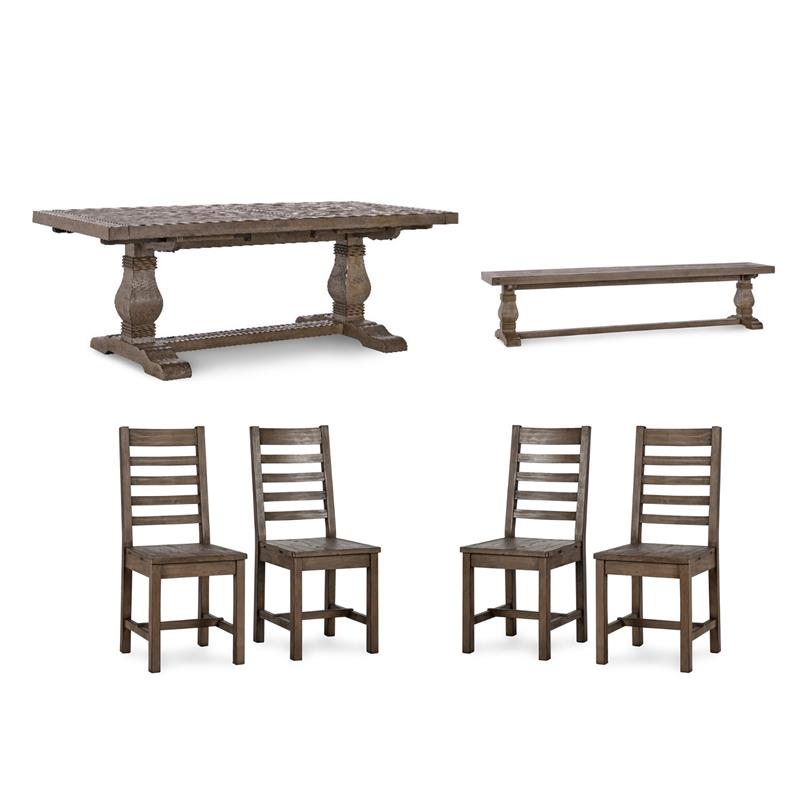 Home Square Set of 6 Wood Extension Dining Table and Bench and 4 Chairs in Brown
