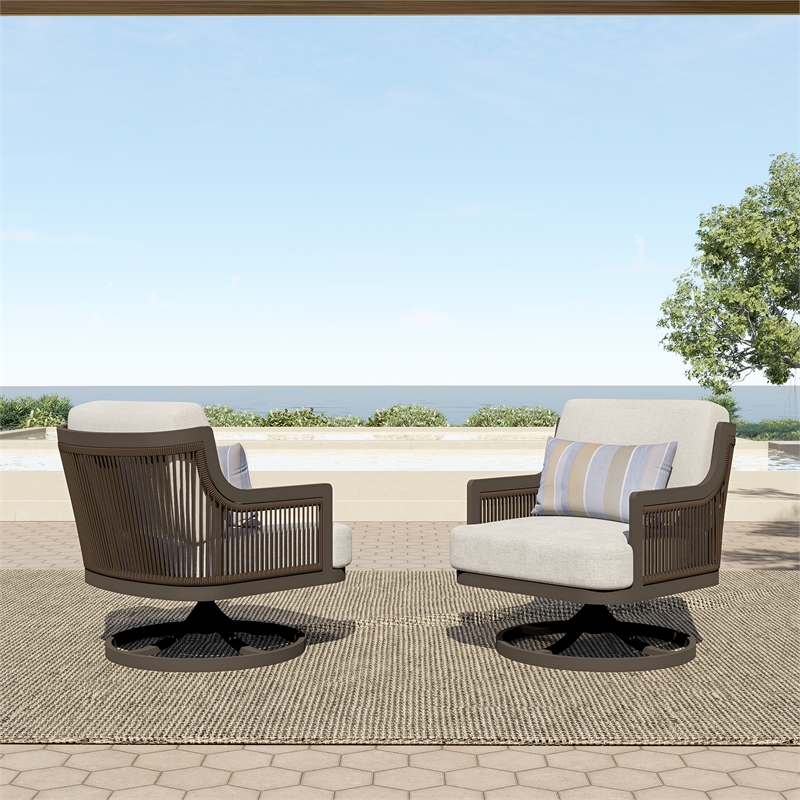 Home Square Aluminum/Wicker Patio Swivel Chair in Gray (Set of 2)