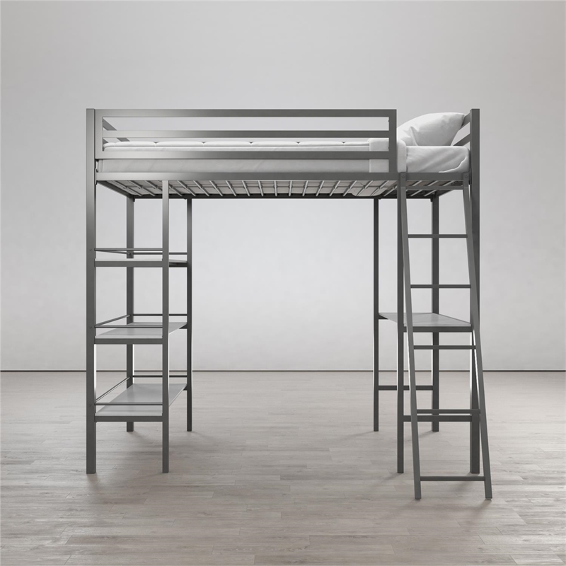 Little Seeds Metal Twin Loft Bed with Shelves in Gunmetal Gray