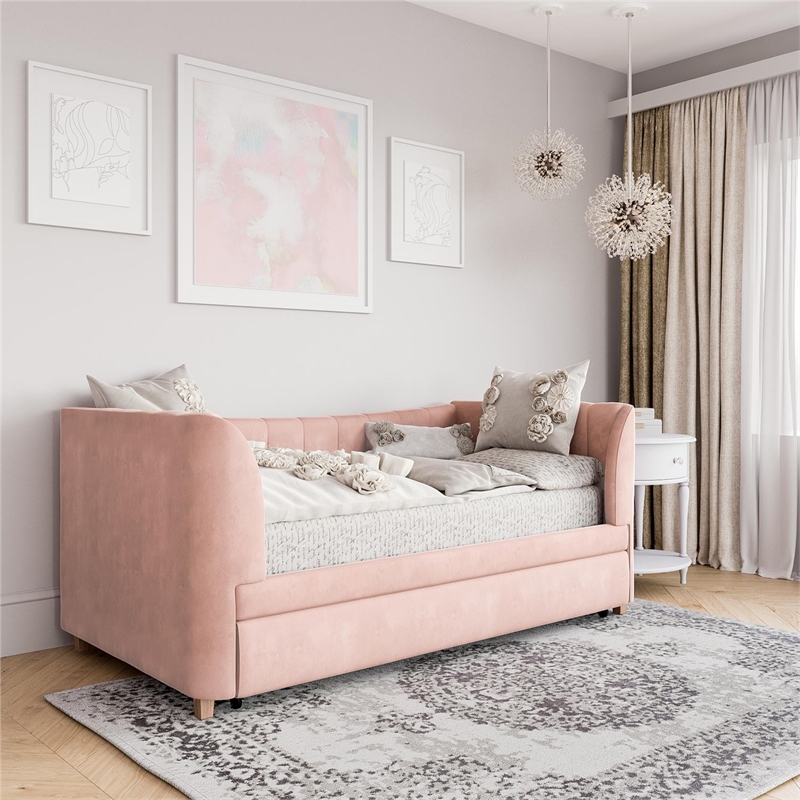 Little Seeds Valentina Upholstered Twin Daybed with Trundle in Pink Velvet