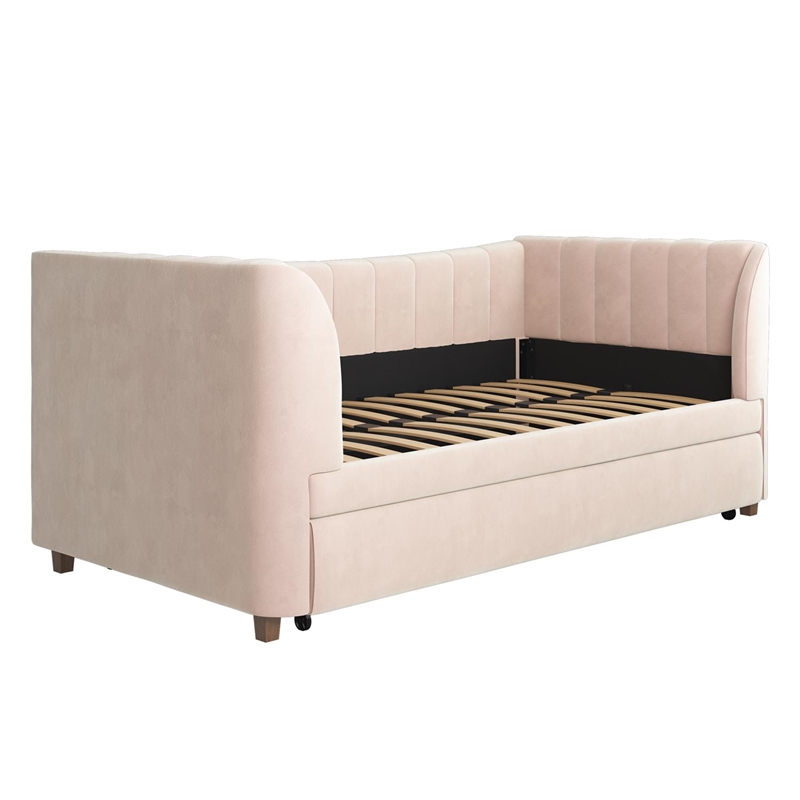 Little Seeds Valentina Upholstered Twin Daybed with Trundle in Pink Velvet