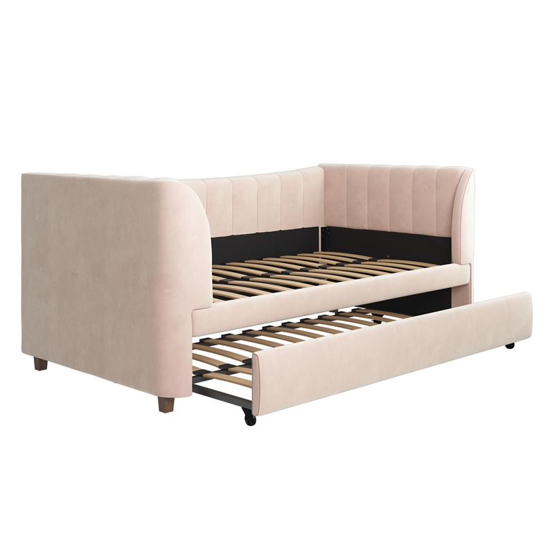 Little Seeds Valentina Upholstered Twin Daybed with Trundle in Pink Velvet