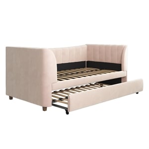 Little Seeds Valentina Upholstered Twin Daybed with Trundle in Pink Velvet