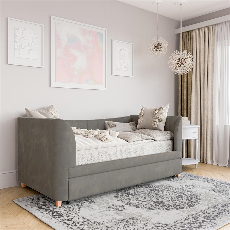 Little Seeds Valentina Upholstered Twin Daybed with Trundle in Gray Velvet